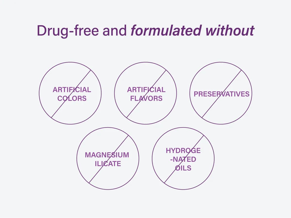 Drug-free and formulated without artificial colours, flavours, preservatives, magnesium silicate, hydrogenated oils